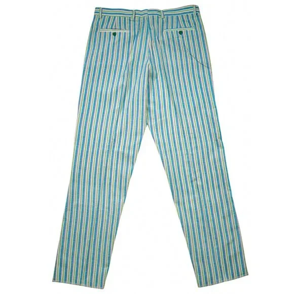 Mens 34 Chino Pants Blue Green Seersucker Stripe Flat Front Straight Trousers